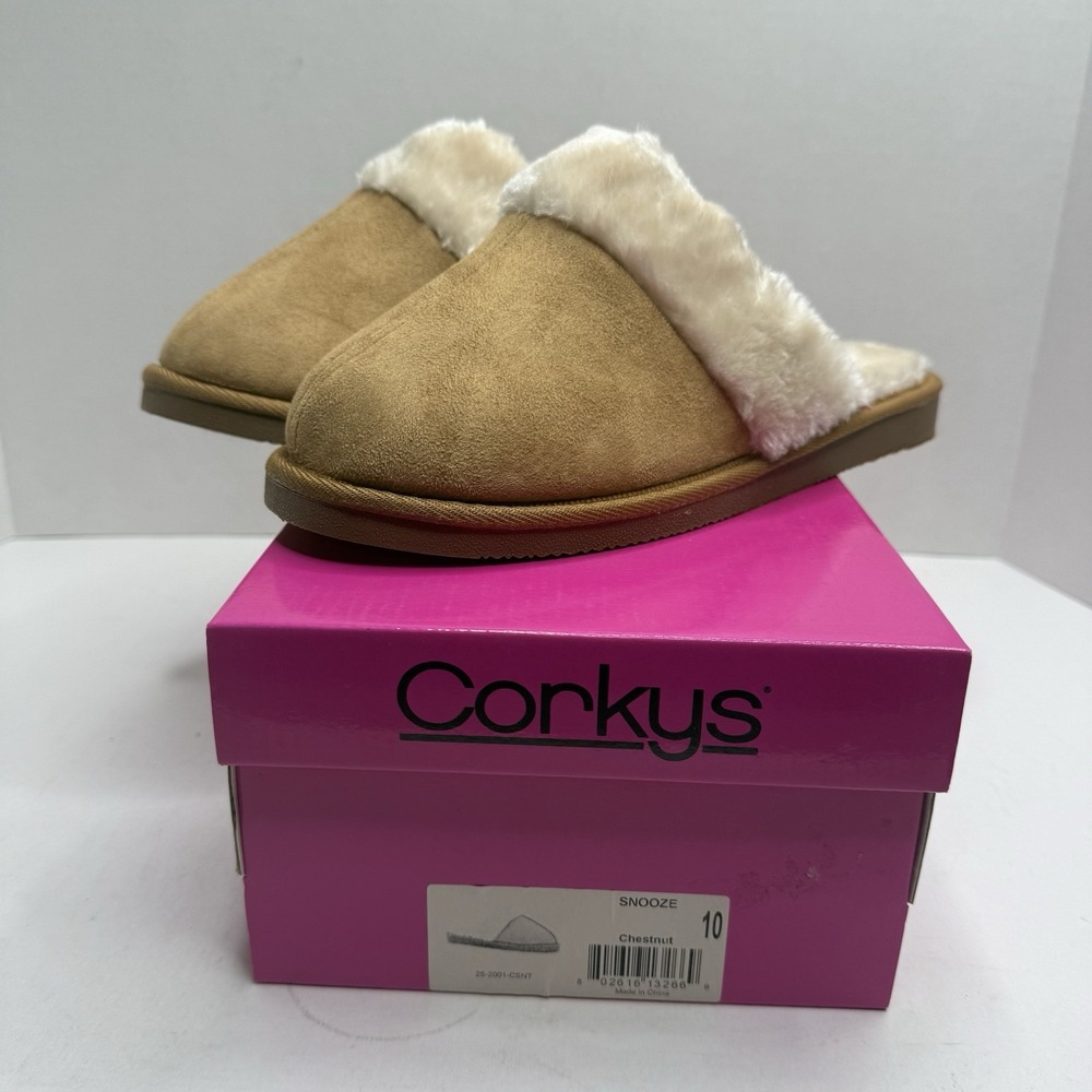 Corkys Snooze Chestnut Faux Fur Slippers Womens 10 New In Box 25-2001-CSNT